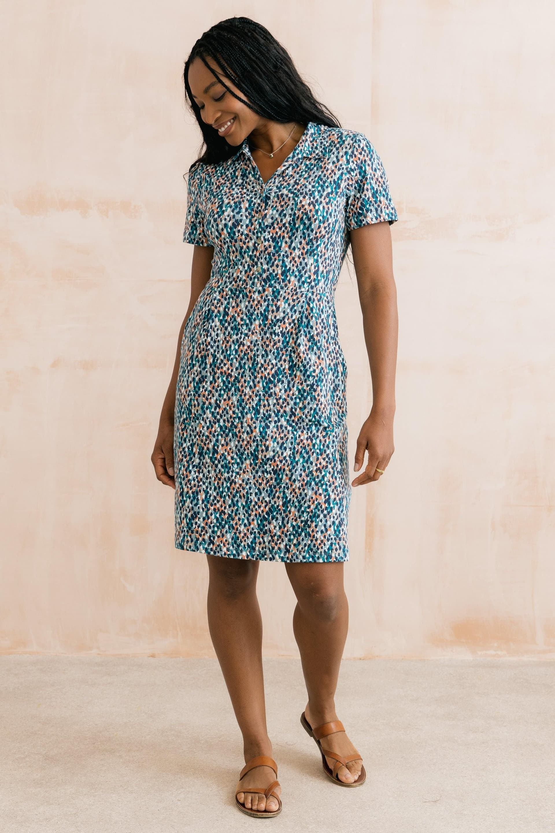 Lily & Me Lily & Me Women's Elmore Knee Length Cotton Short Sleeve Shirt Dress in Teal