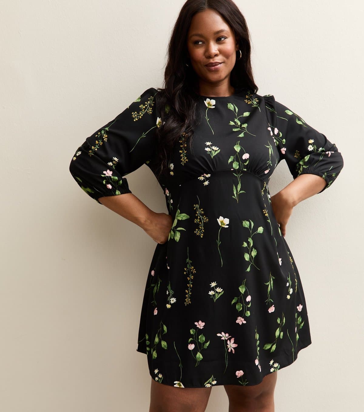 New Look Women's Plus Size Black Floral Cropped Sleeve MIni Dress Curves New Look