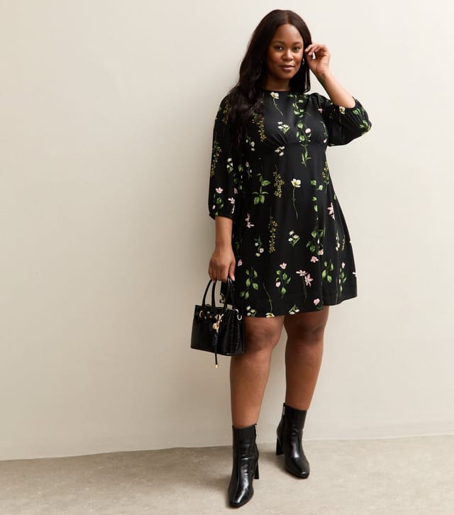 New Look Women's Plus Size Black Floral Cropped Sleeve MIni Dress Curves New Look - 2