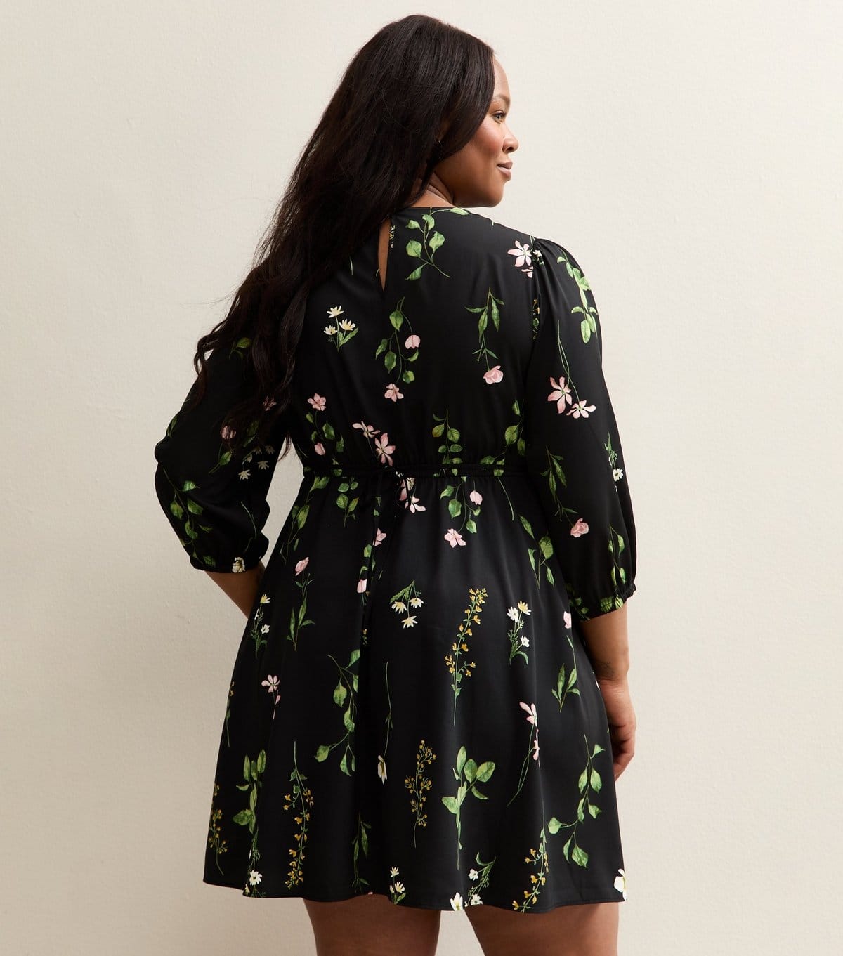 New Look Women's Plus Size Black Floral Cropped Sleeve MIni Dress Curves New Look - 4