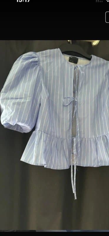 ASOS New ASOS cotton blue stripe tie front puff sleeve summer blouse top XS
