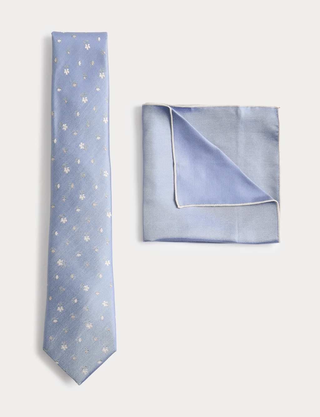 Marks & Spencer M&S Pure Silk Ditsy Floral Tie and Handkerchief Set Pale Blue