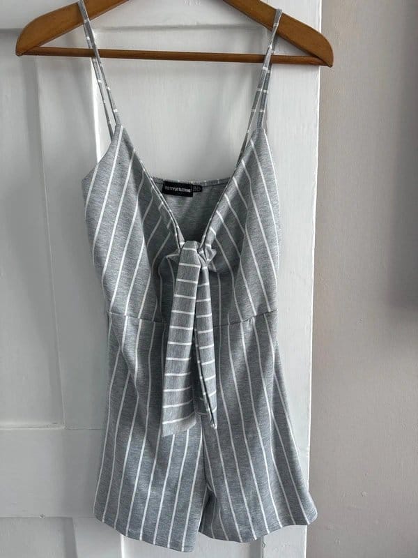 PLT Grey Striped Playsuit with Tie-Front