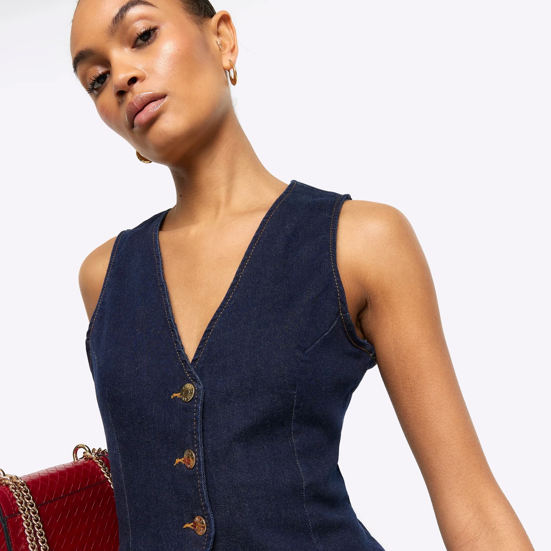 River Island River Island Womens Blue Button Up Denim Waistcoat