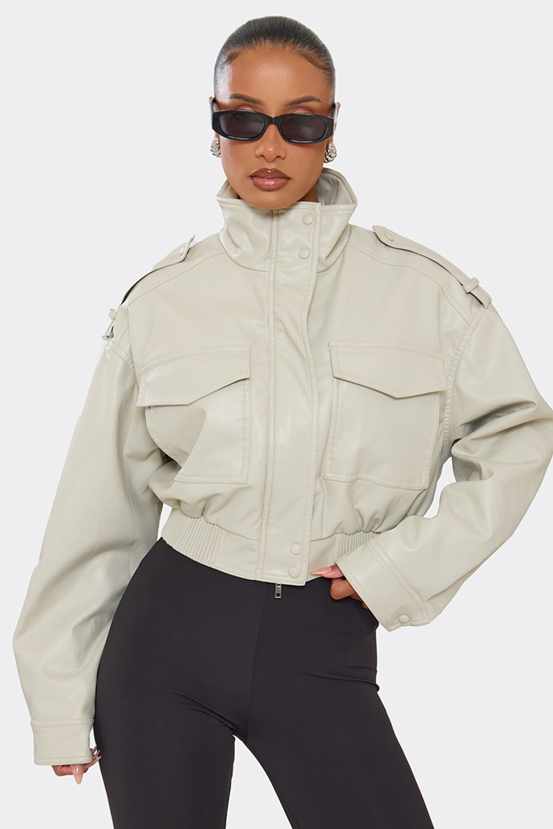 EGO EGO Women's Long Sleeve High Neck Pocket Detail Faux Leather Cropped Jacket in Ecru