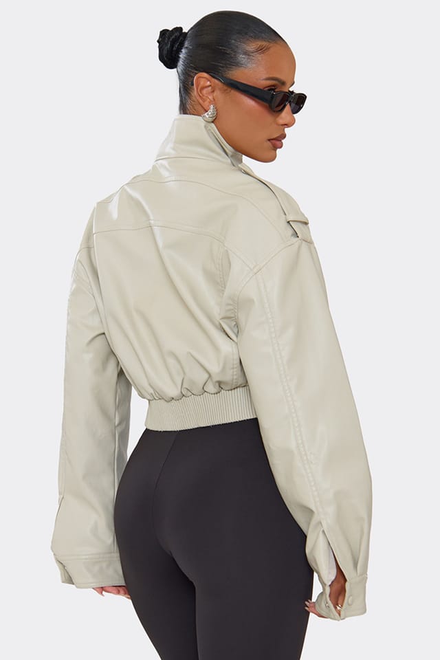EGO EGO Women's Long Sleeve High Neck Pocket Detail Faux Leather Cropped Jacket in Ecru - 2