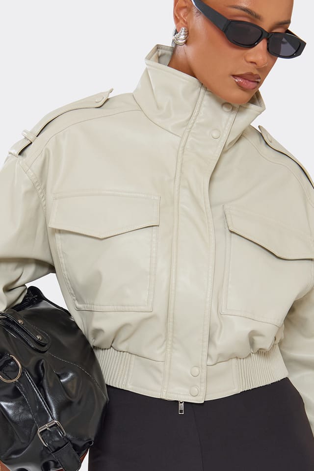 EGO EGO Women's Long Sleeve High Neck Pocket Detail Faux Leather Cropped Jacket in Ecru - 3