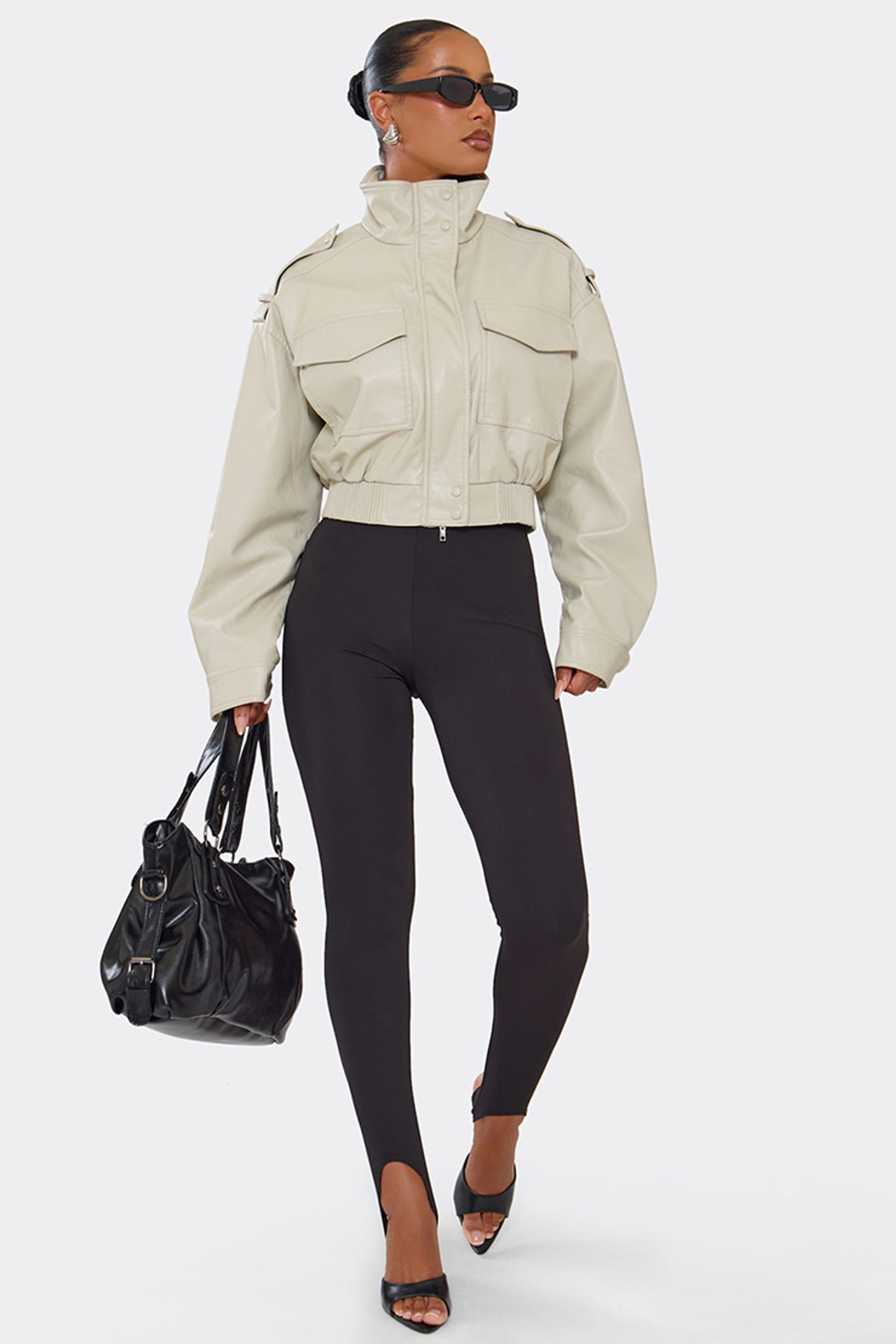 EGO EGO Women's Long Sleeve High Neck Pocket Detail Faux Leather Cropped Jacket in Ecru - 4