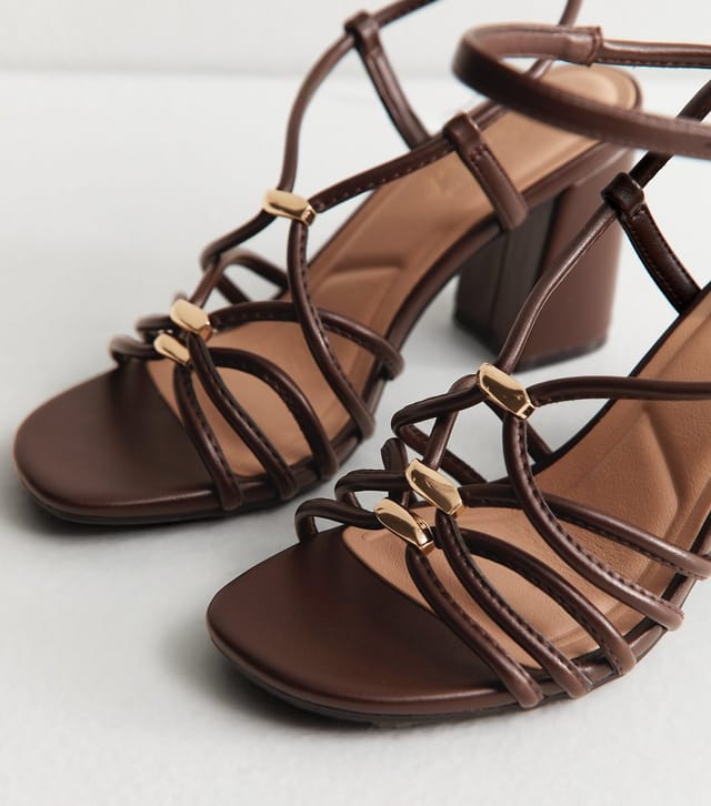 New Look Women's Dark Brown Faux Leather Strappy Hardware Block Heel Sandals Vegan New Look - 3
