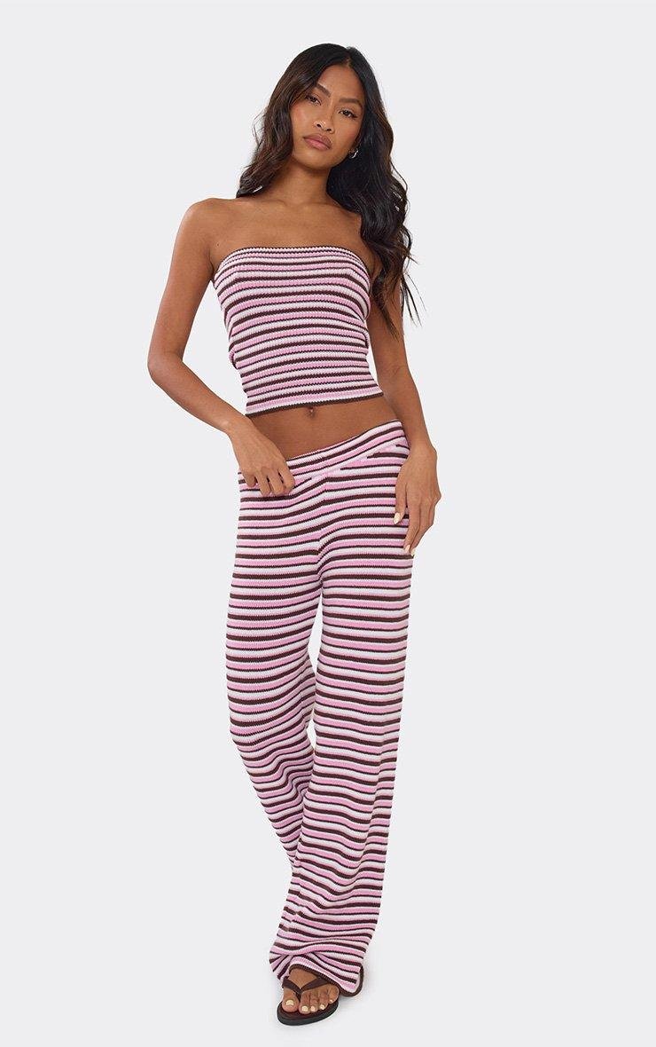EGO Low Rise Wide Leg Trousers In Pink Multi Stripe Knit, Women's Size UK L - 2