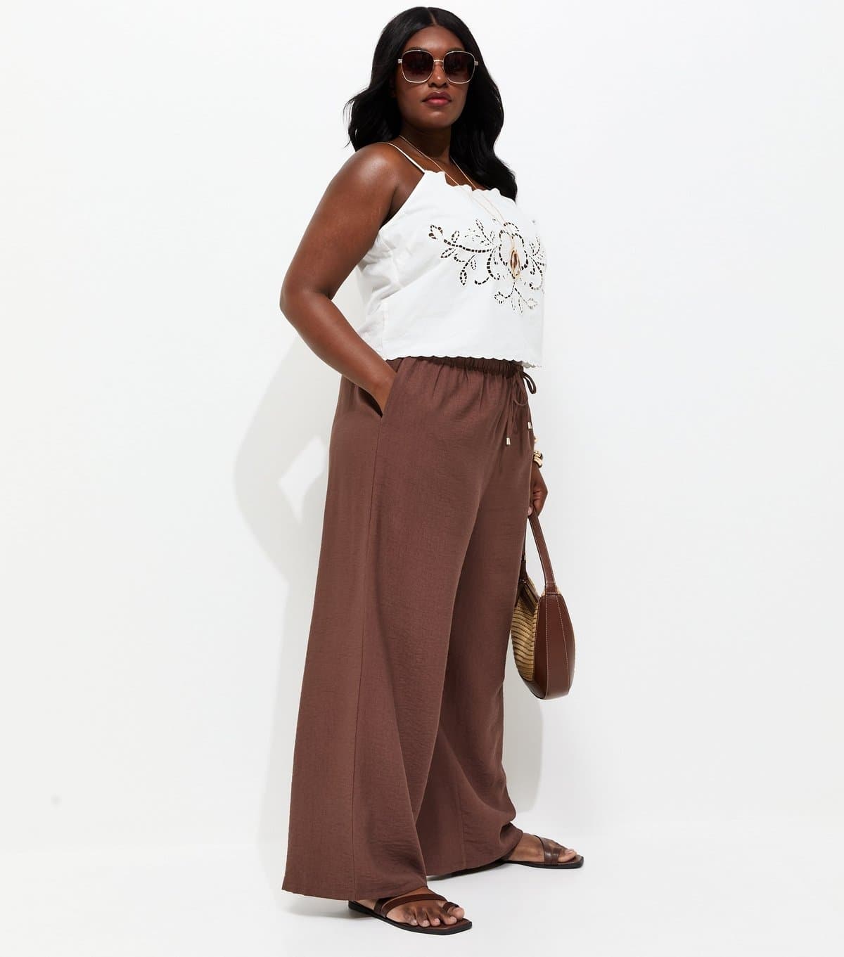 New Look Women's Plus Size Dark Brown Woven Wide Leg Trousers Curves New Look