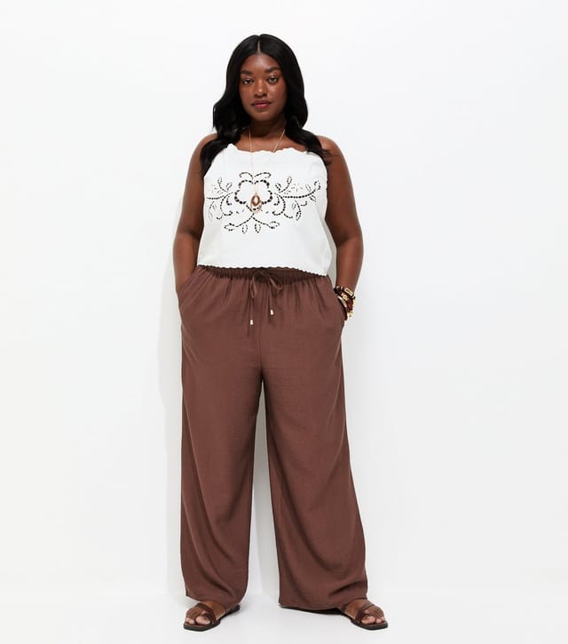 New Look Women's Plus Size Dark Brown Woven Wide Leg Trousers Curves New Look - 3