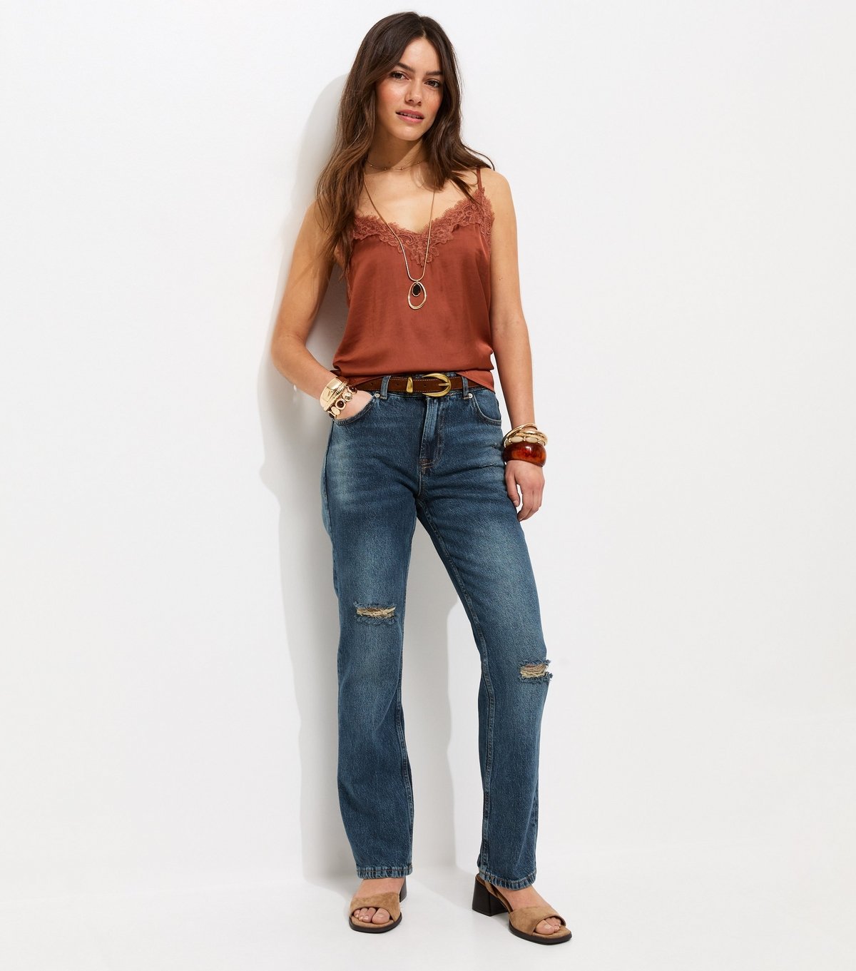 New Look Women's Petite Vintage Tint Blue Ripped Ruby Straight Jeans New Look - 1