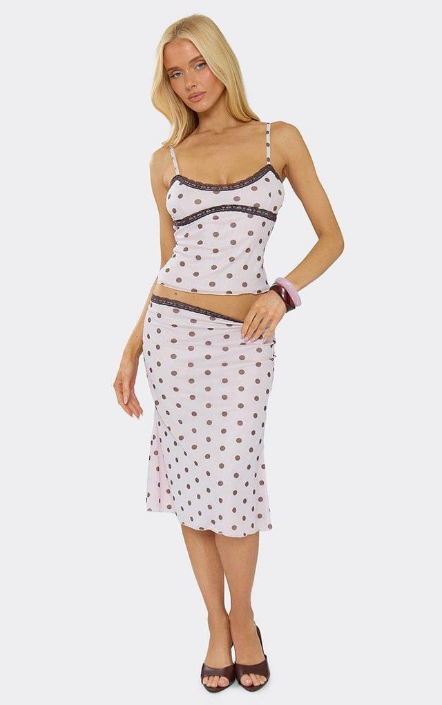 EGO Mid Rise Lace Trim Detail Maxi Skirt In Cream Polka Dot, Women's Size UK 6 - 2