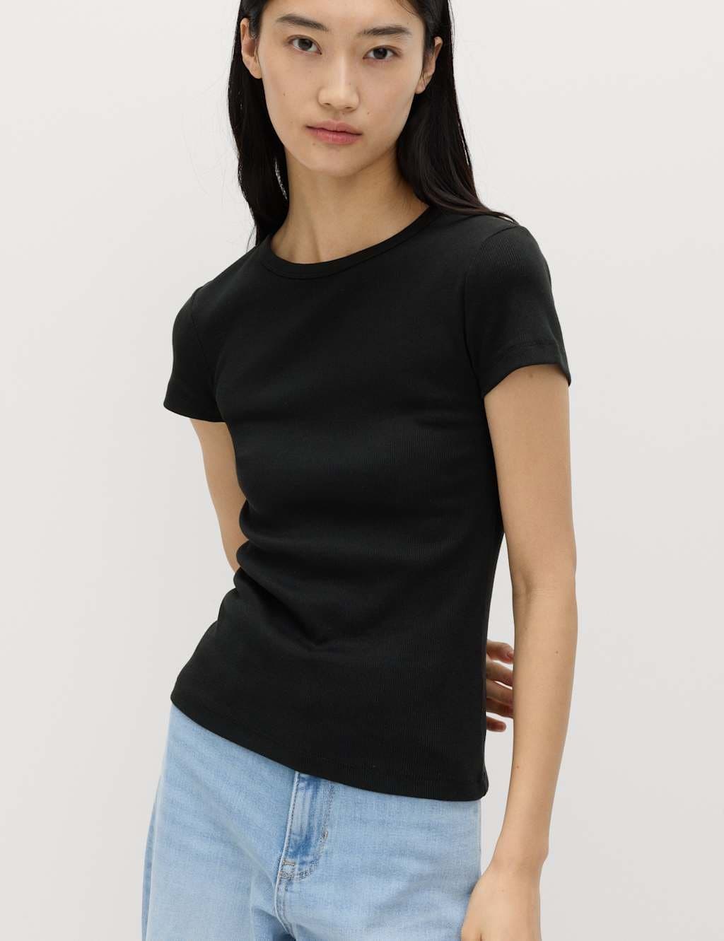 Marks & Spencer M&S Cotton Rich Ribbed Slim Fit T-Shirt Black