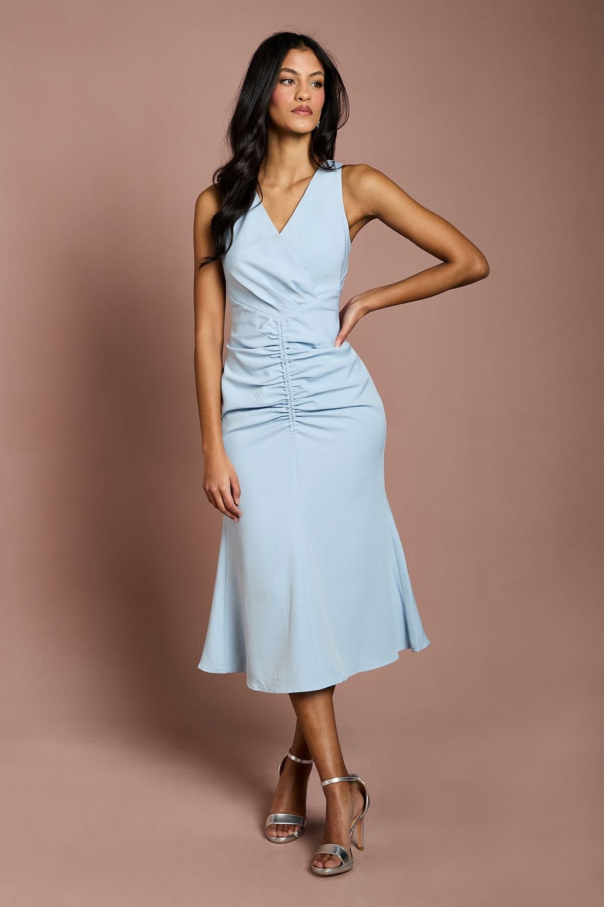 Coast Coast Women's Petite Ruched Vee Dress in Light Blue