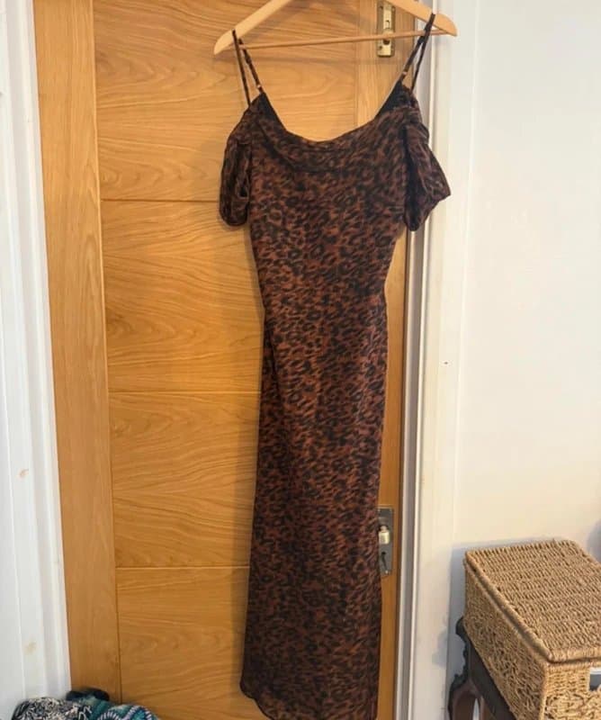 Topshop Topshop Premium Brown Black Leopard Print Textured Draped Shoulder Cowl Neck Slip Midi Dress