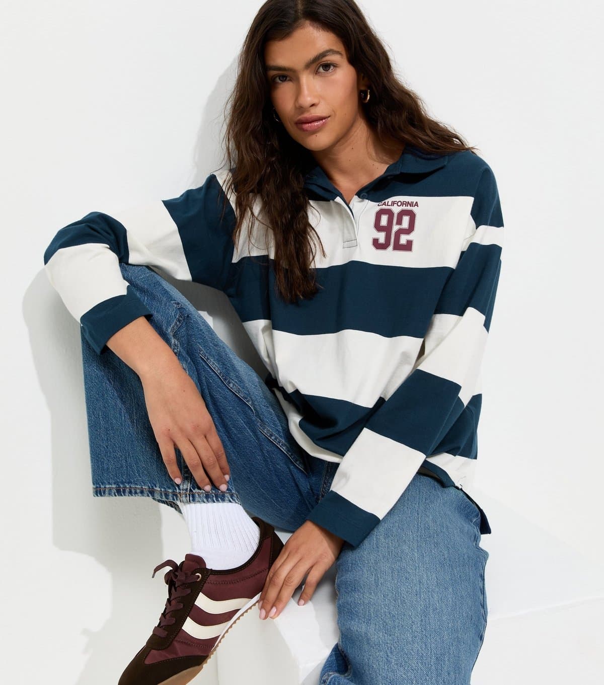 New Look New Look Blue Cotton California 92 Print Long Sleeve Rugby Top