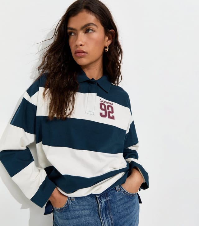 New Look Women's Blue Cotton California 92 Print Long Sleeve Rugby Top New Look - 2