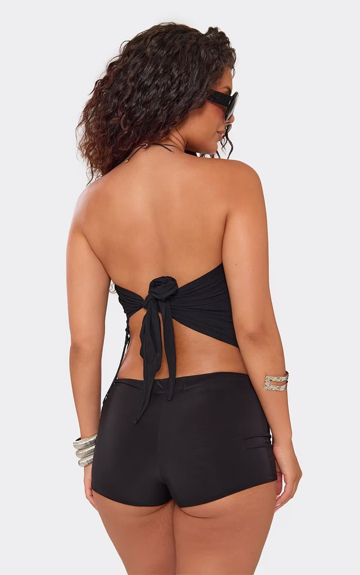 EGO Bandeau Fringing Hem Tie Back Top In Black, Women's Size UK 8