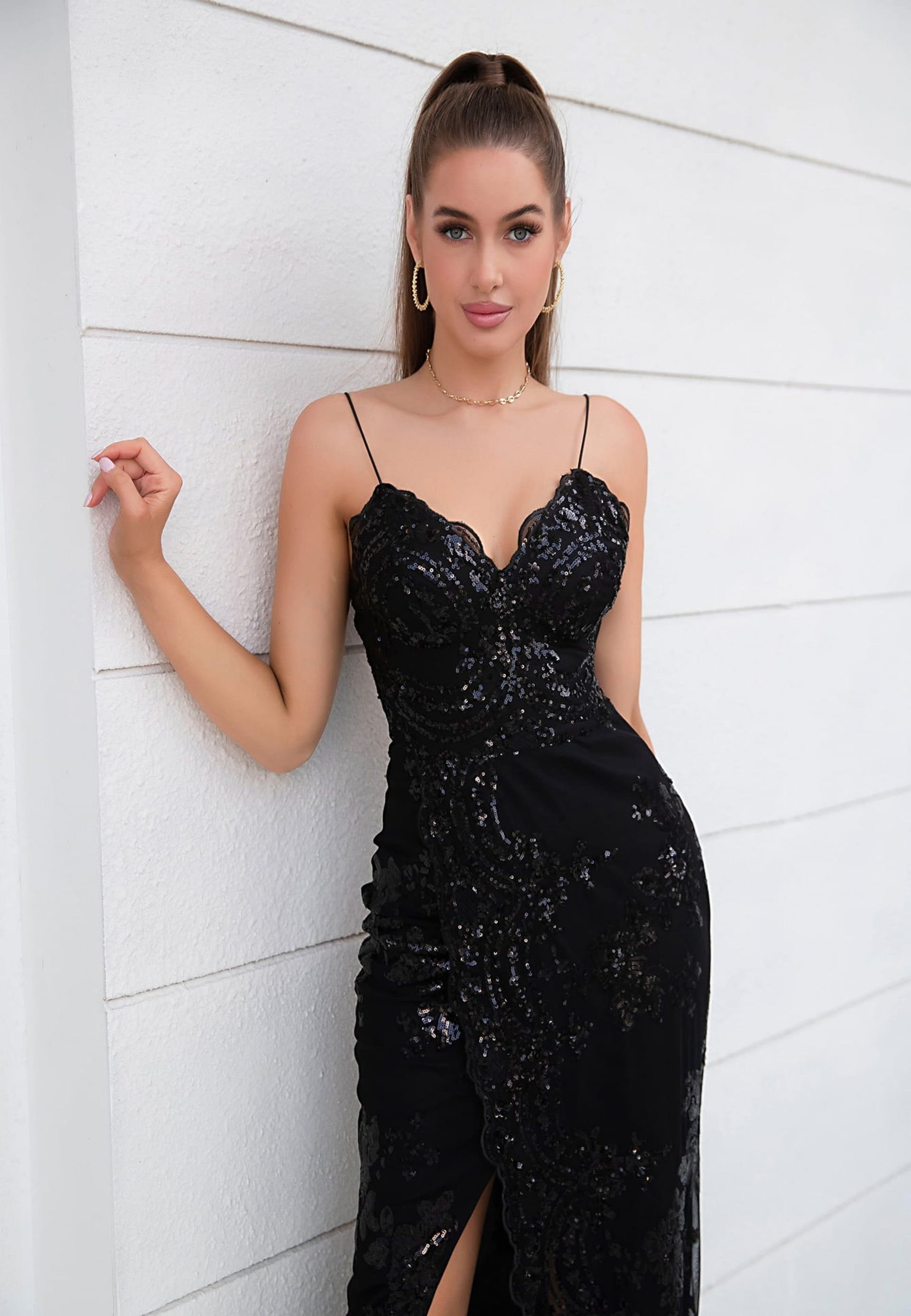 Divine Grace Divine Grace Women's Black Sequin Split Maxi Dress - 4