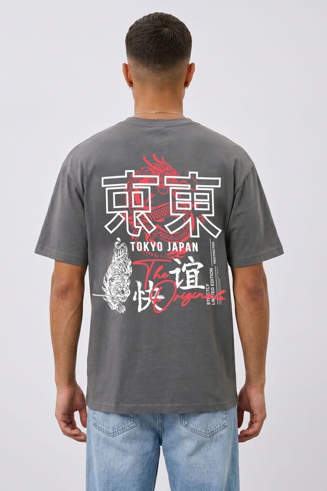 LONDON ATTITUDE LONDON ATTITUDE Men's Tokyo Dragon Premium Cotton Relaxed Fit T-Shirt in Dark Grey - 2