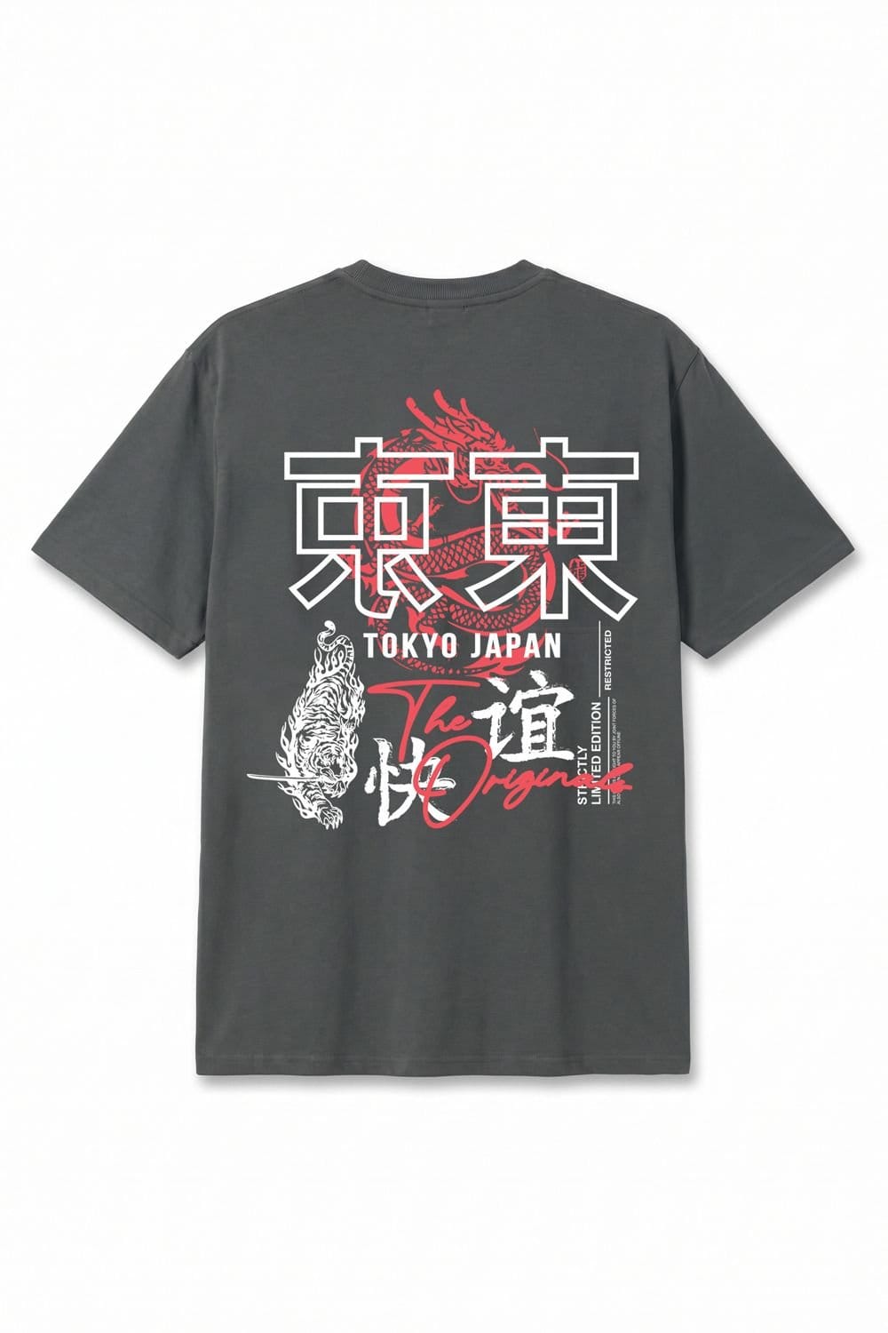 LONDON ATTITUDE LONDON ATTITUDE Men's Tokyo Dragon Premium Cotton Relaxed Fit T-Shirt in Dark Grey - 4