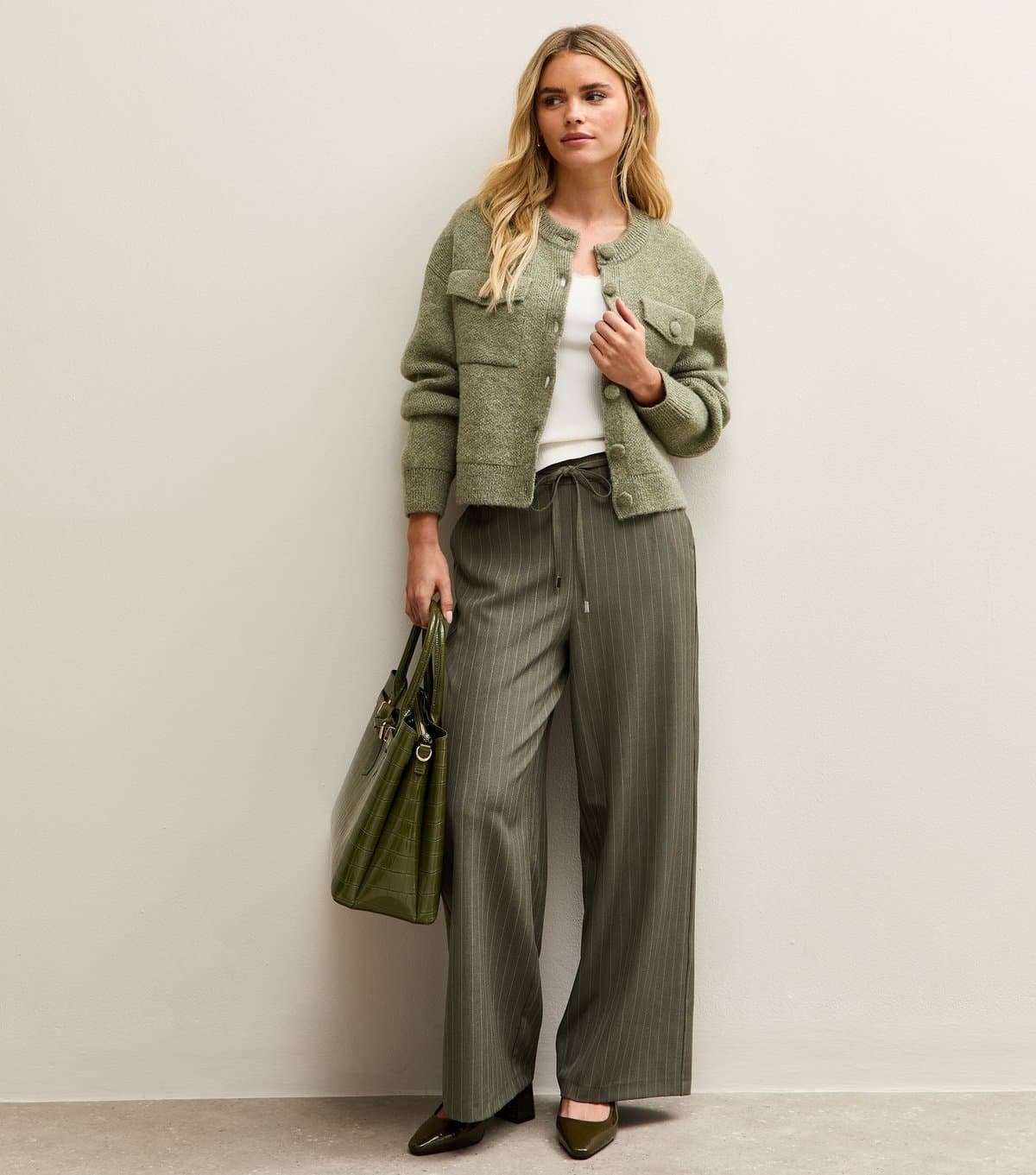 New Look Women's Petite Dark Green Pinstripe Tie Waist Wide Leg Trouser New Look