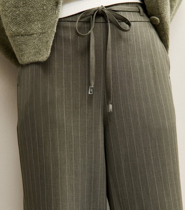 New Look Women's Petite Dark Green Pinstripe Tie Waist Wide Leg Trouser New Look - 2