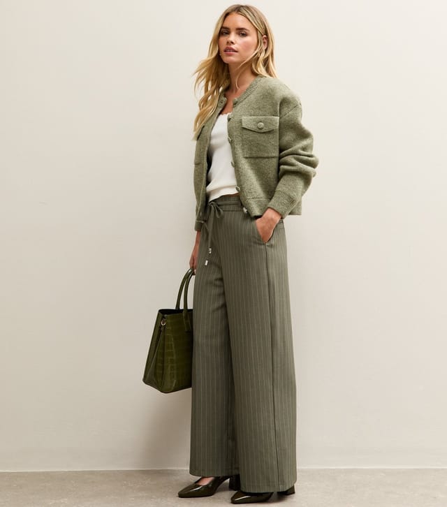 New Look Women's Petite Dark Green Pinstripe Tie Waist Wide Leg Trouser New Look - 3