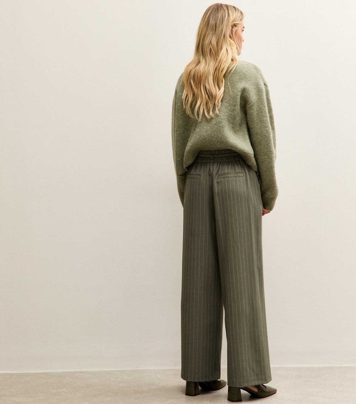 New Look Women's Petite Dark Green Pinstripe Tie Waist Wide Leg Trouser New Look - 4