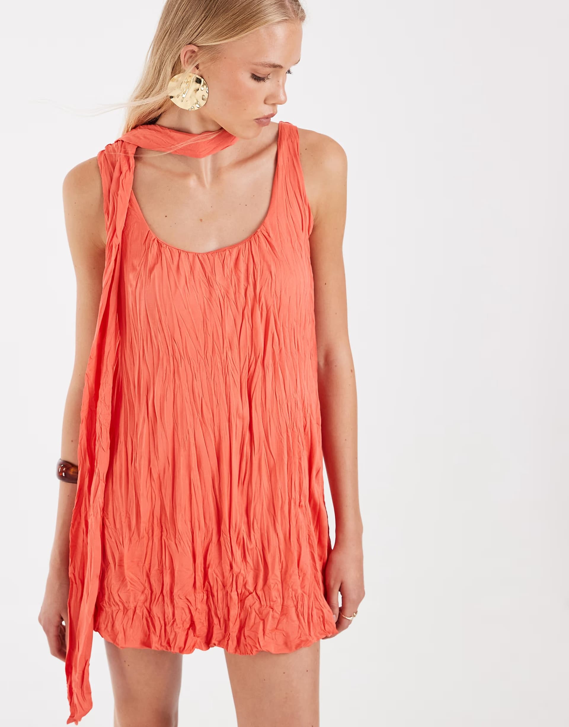 ASOS ASOS DESIGN crinkle scarf mini dress in coral