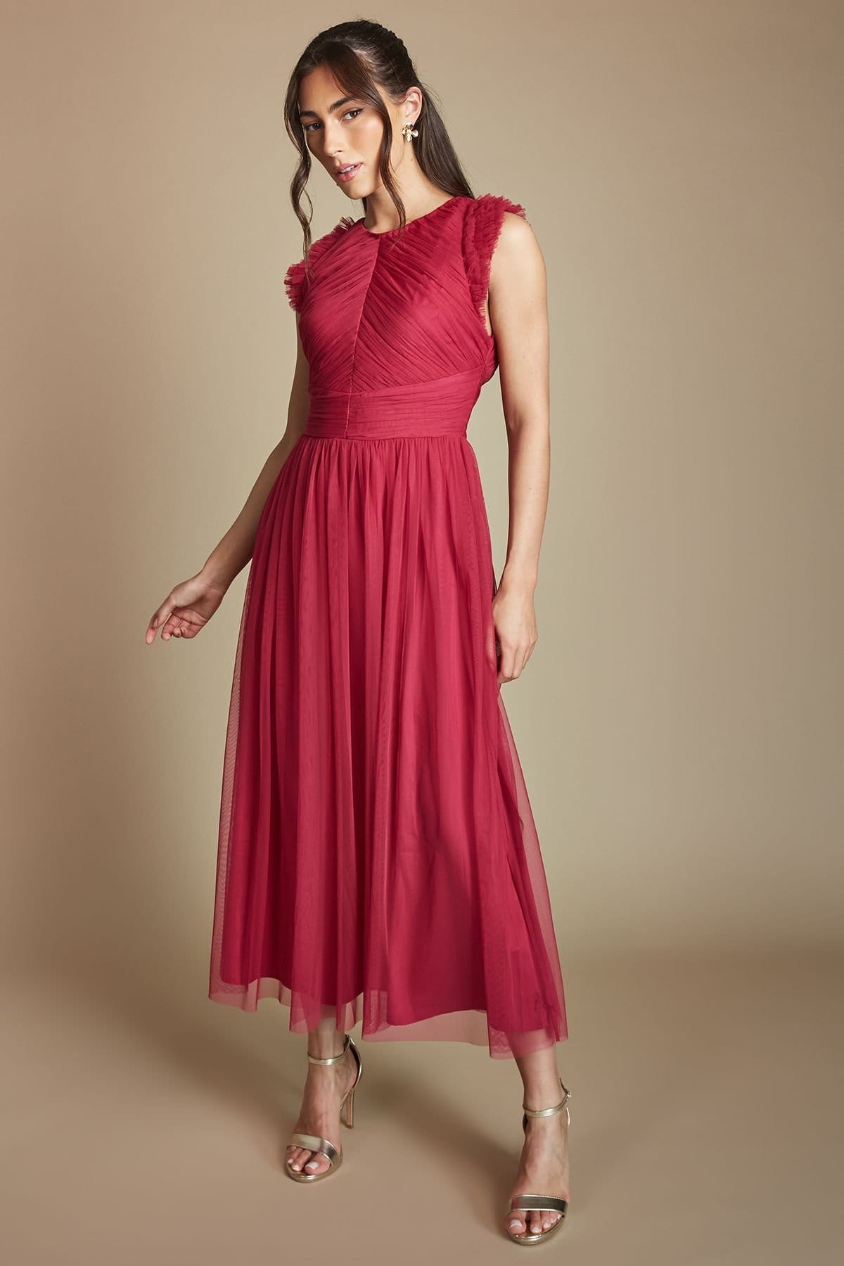 Oasis Oasis Women's Cold Shoulder Mesh Bridesmaid Maxi Dress in Berry - 4