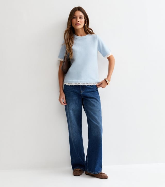 New Look Women's Light Blue Lace Trim Knitted T-Shirt New Look - 3