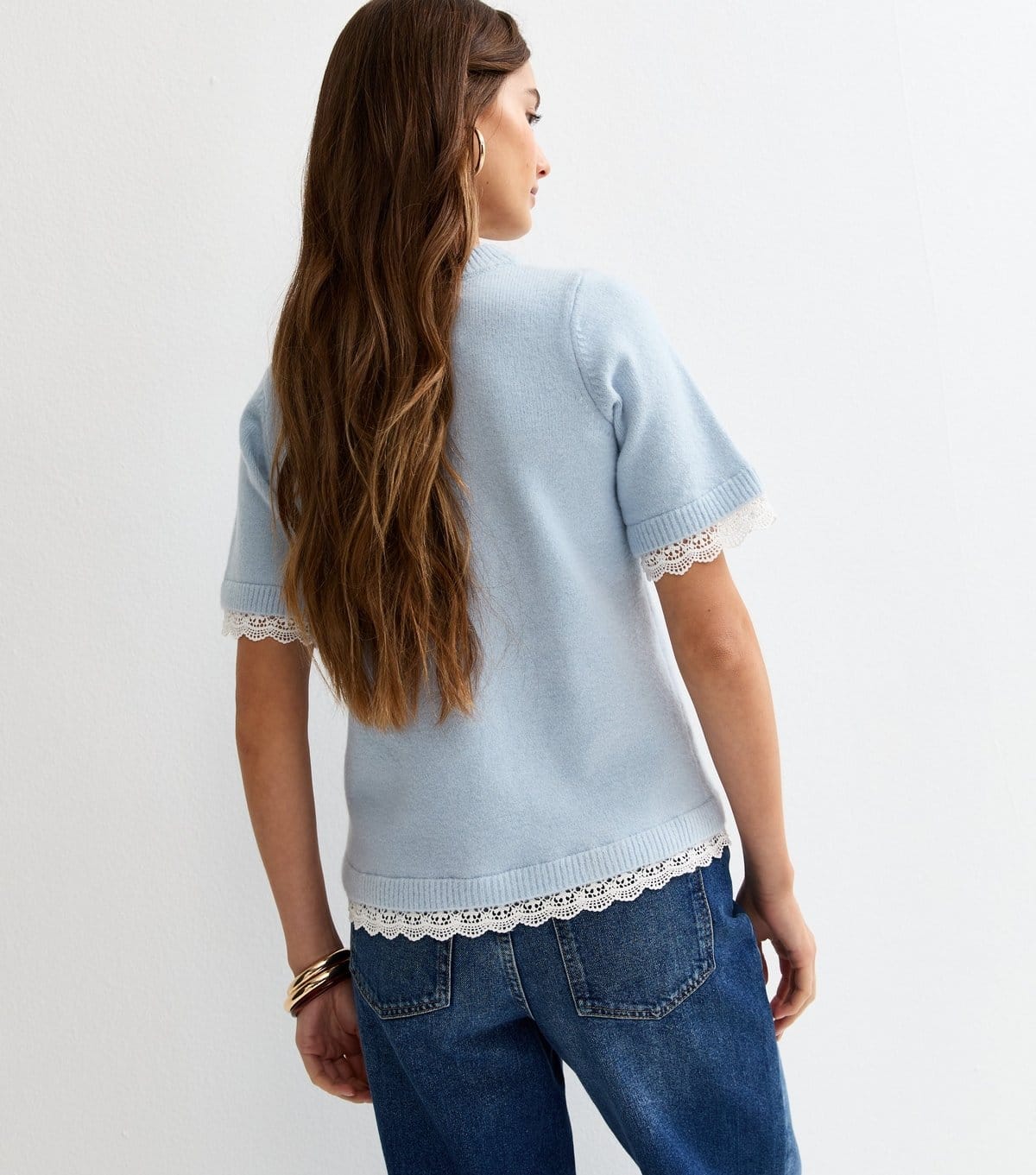New Look Women's Light Blue Lace Trim Knitted T-Shirt New Look - 4