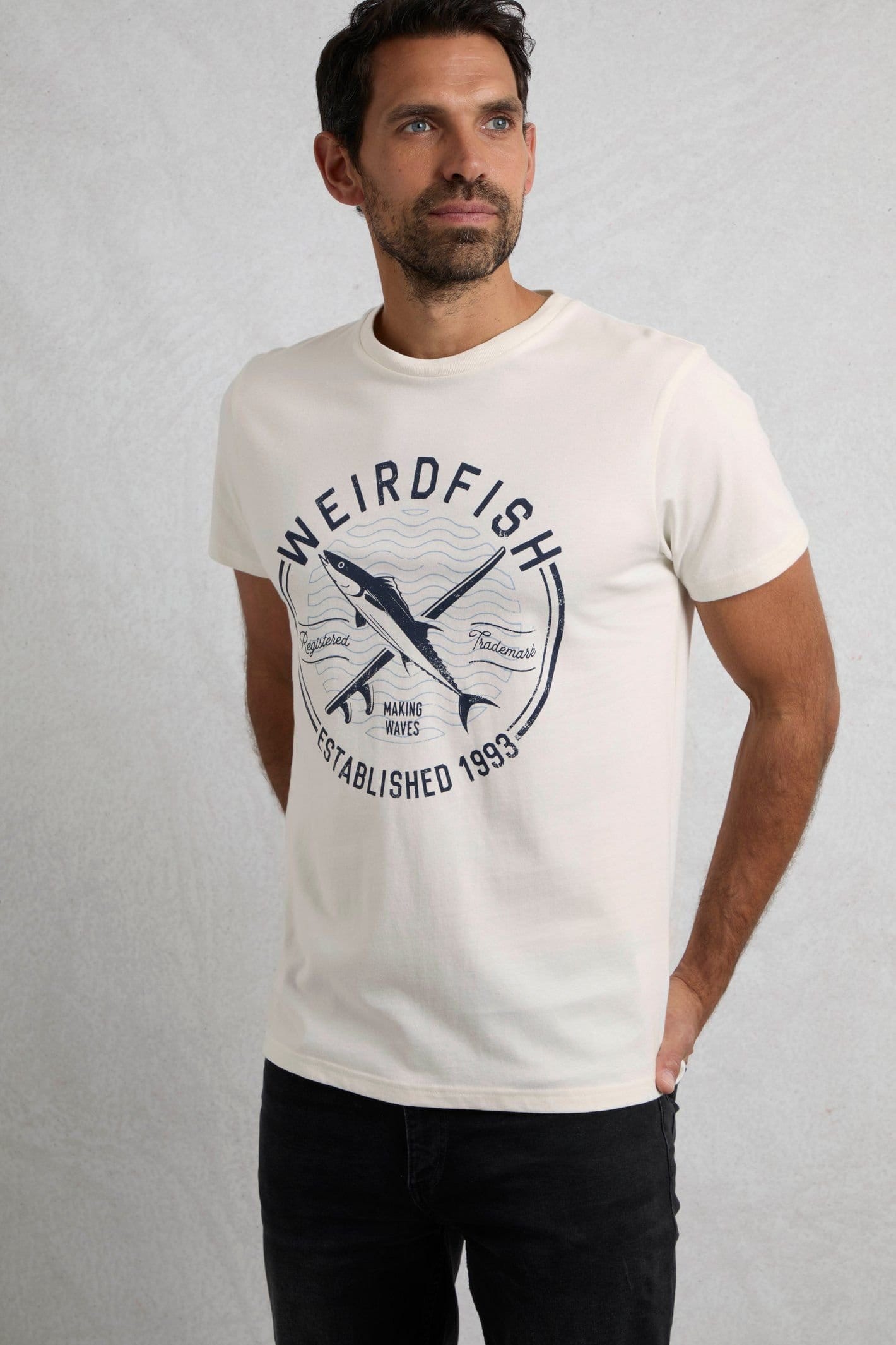 Weird Fish Weird Fish Men's Hudson Front Print Branded T-Shirt in Off-White - 4