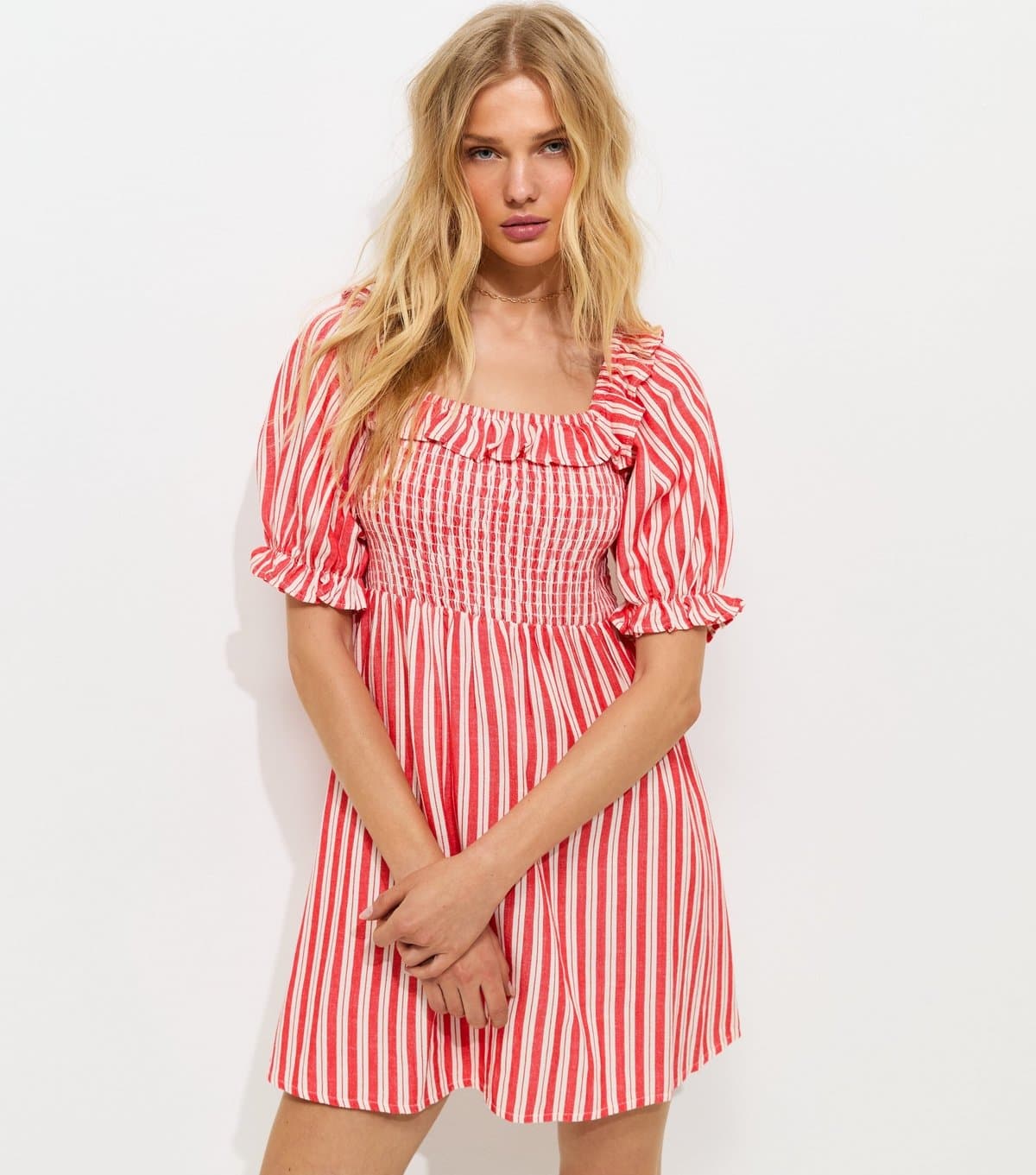 New Look Women's Red Striped Short Sleeve Shirred Frill Mini Dress New Look
