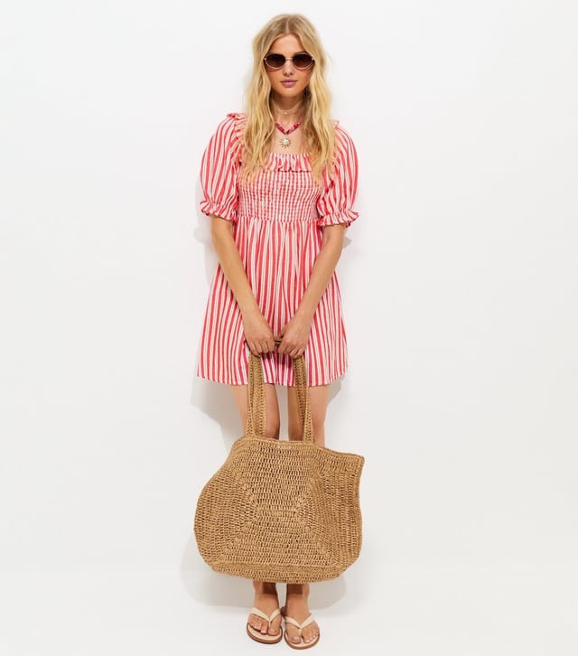 New Look Women's Red Striped Short Sleeve Shirred Frill Mini Dress New Look - 2