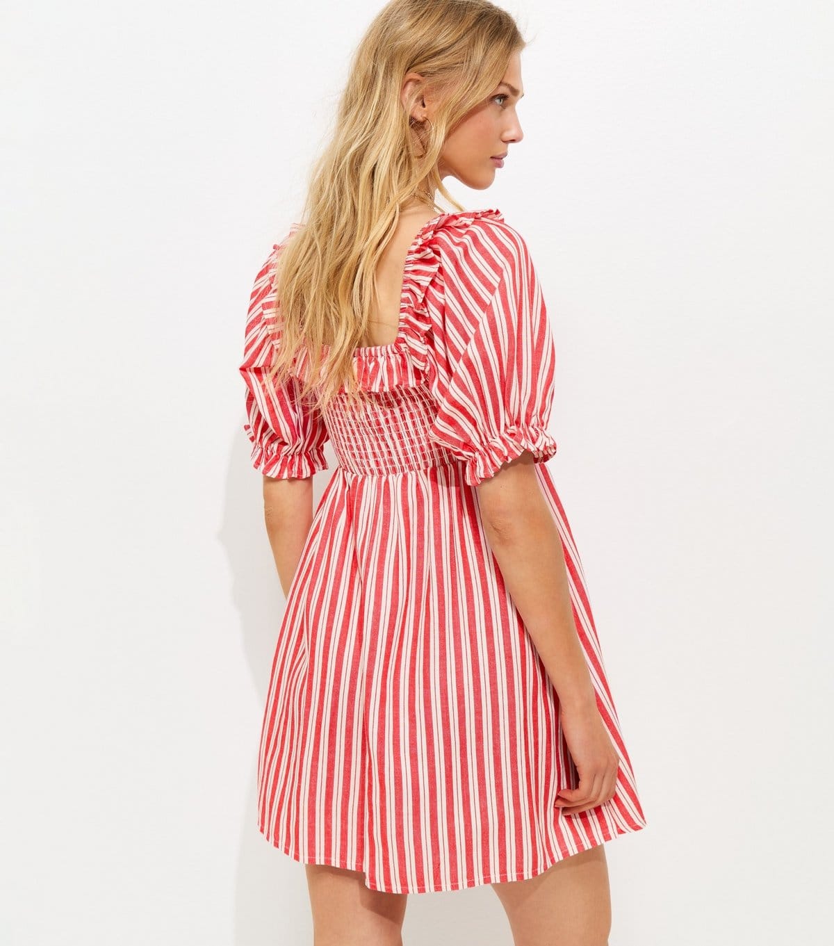 New Look Women's Red Striped Short Sleeve Shirred Frill Mini Dress New Look - 4