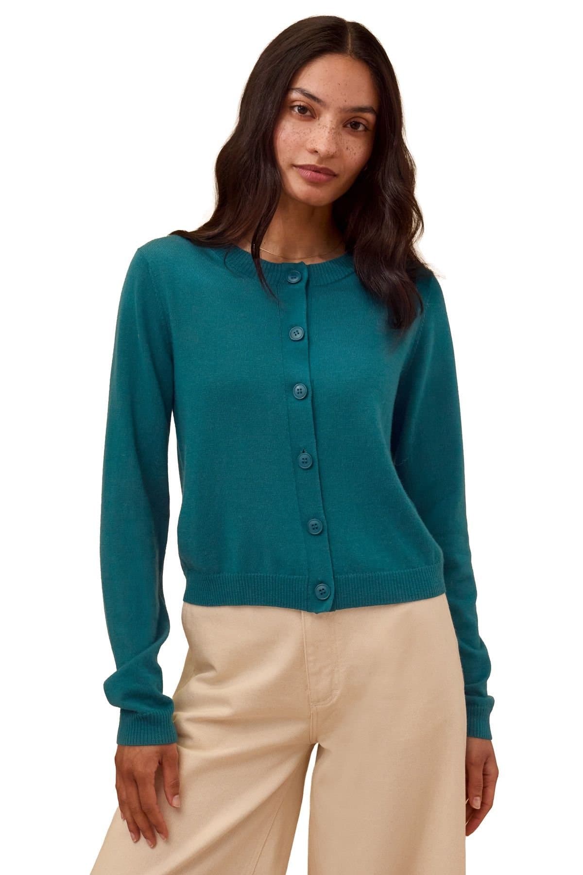 Celtic & Co Celtic & Co Women's Fine Knit Merino Crew Neck Cardigan in Teal