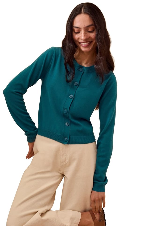 Celtic & Co Celtic & Co Women's Fine Knit Merino Crew Neck Cardigan in Teal - 3