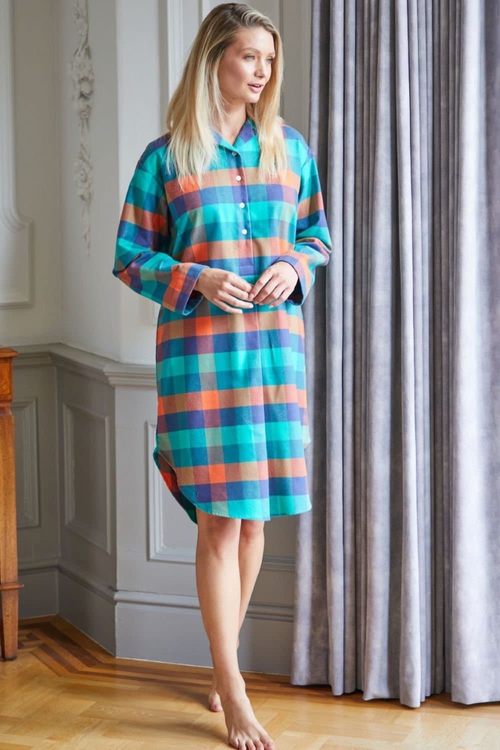 British Boxers British Boxers Women's "Acorn Squash" Check Brushed Cotton Nightshirt in Teal