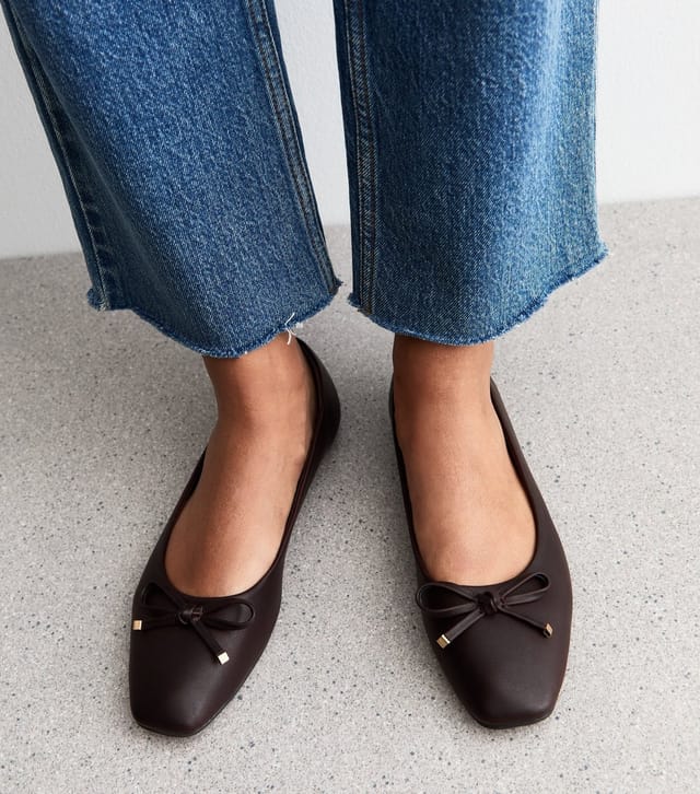 New Look Women's Brown Faux Leather Square Toe Ballerina Flats Vegan New Look - 2
