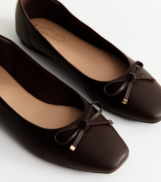 New Look Women's Brown Faux Leather Square Toe Ballerina Flats Vegan New Look - 3
