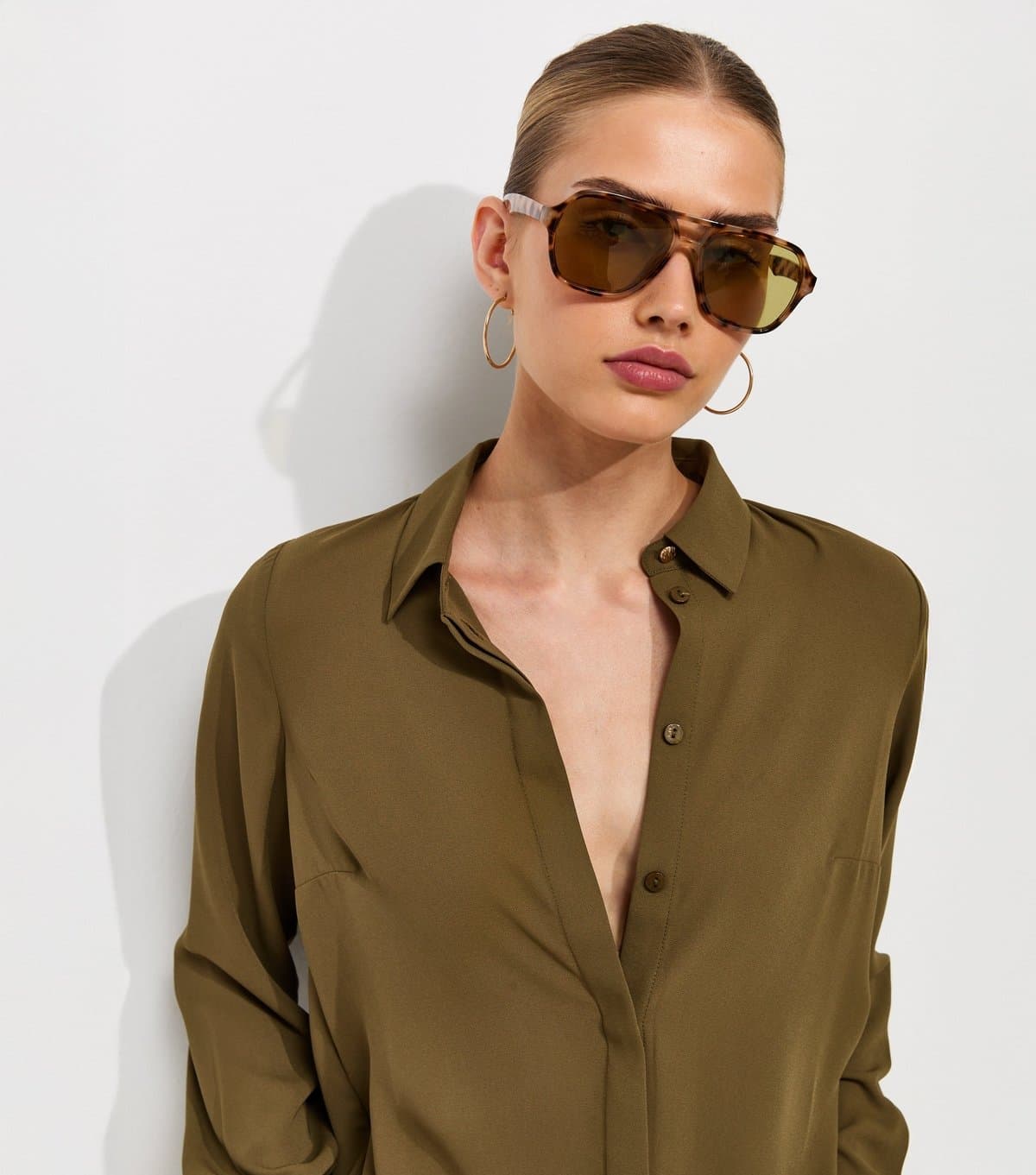 New Look Women's Dark Khaki Concealed Button Long Sleeve Shirt New Look