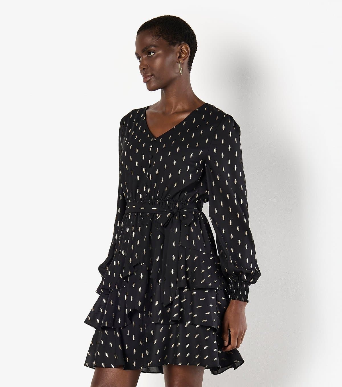 Apricot Women's Black Foil Spot Layered Long Sleeve Dress Apricot New Look