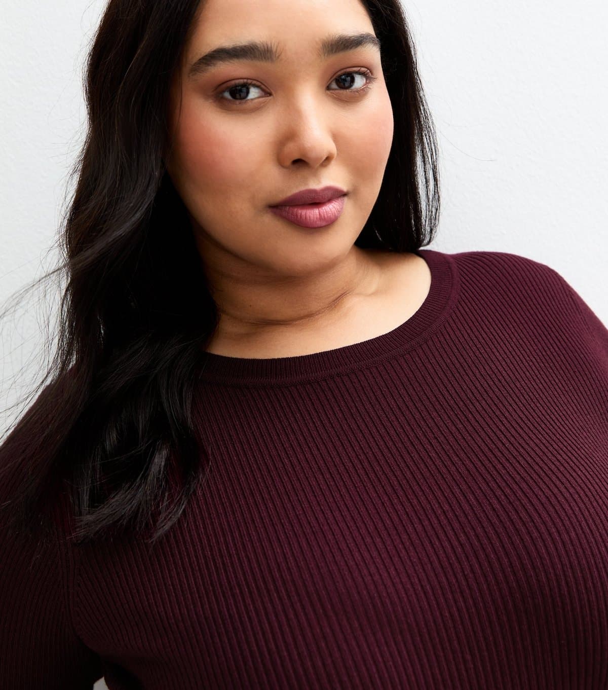 New Look Women's Plus Size Burgundy Ribbed Knit Crew Neck Jumper Curves New Look