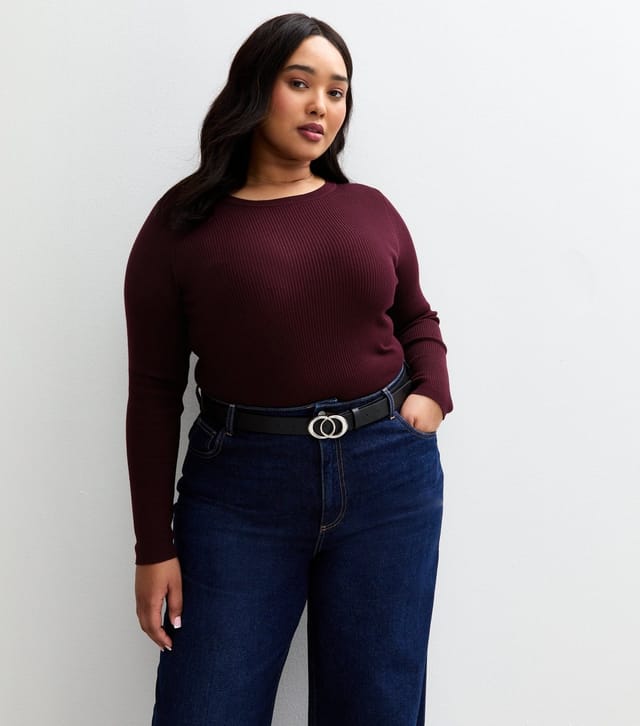 New Look Women's Plus Size Burgundy Ribbed Knit Crew Neck Jumper Curves New Look - 2