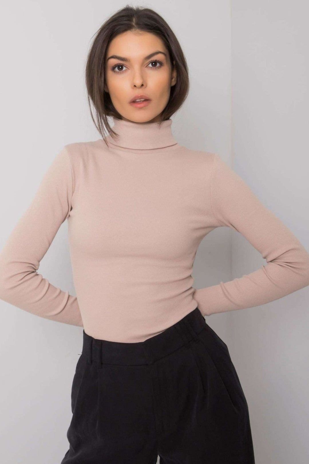 Love Lace Love Lace Women's One Color Fitted Long Sleeve Turtleneck in Beige - 4
