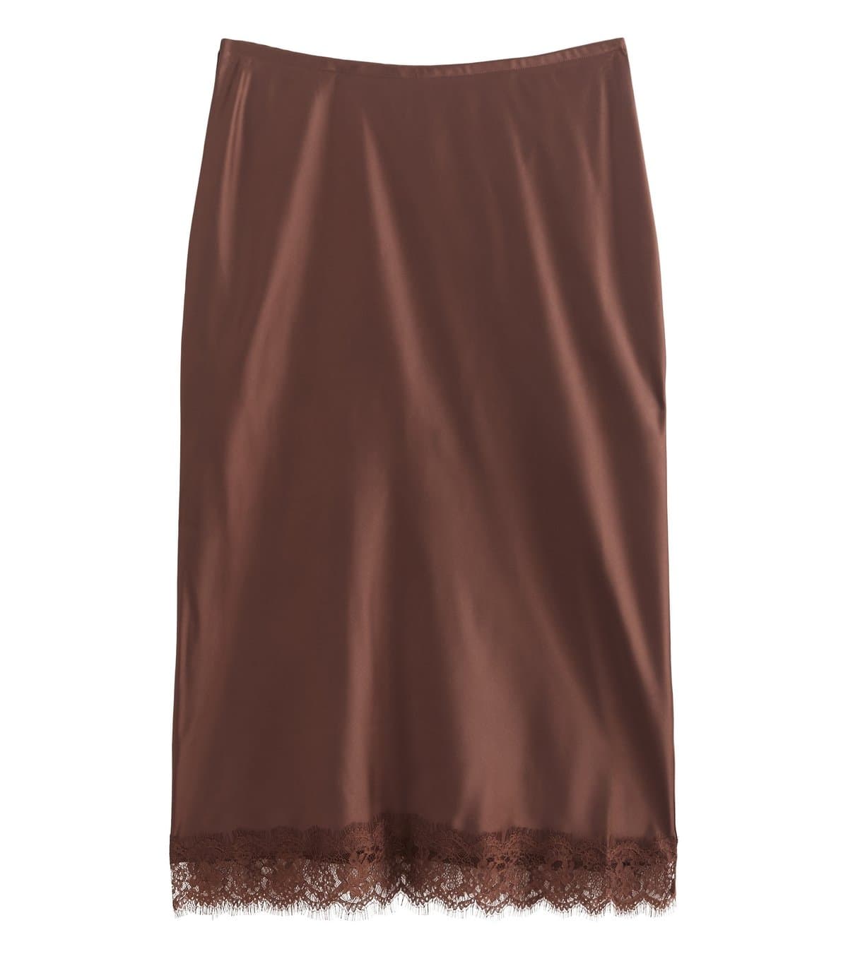 New Look New Look Plus Size Dark Brown Satin Lace Trim Midi Skirt